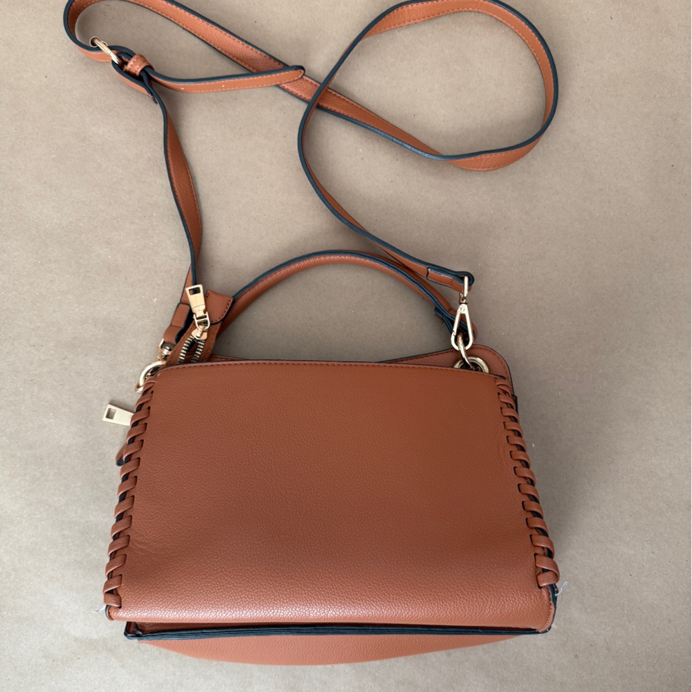 Tan Purse with Woven Details Handles & Crossbody Strap